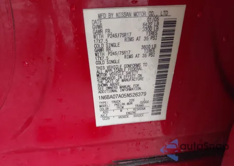 2005 Nissan Titan Xe from USA, damaged, VIN 1N6BA07A05N526379